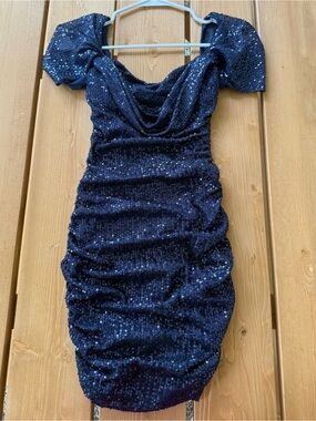 ThatsSoFetch Navy Sequin Mini Dress with Draped Neckline Size US 2 0070
